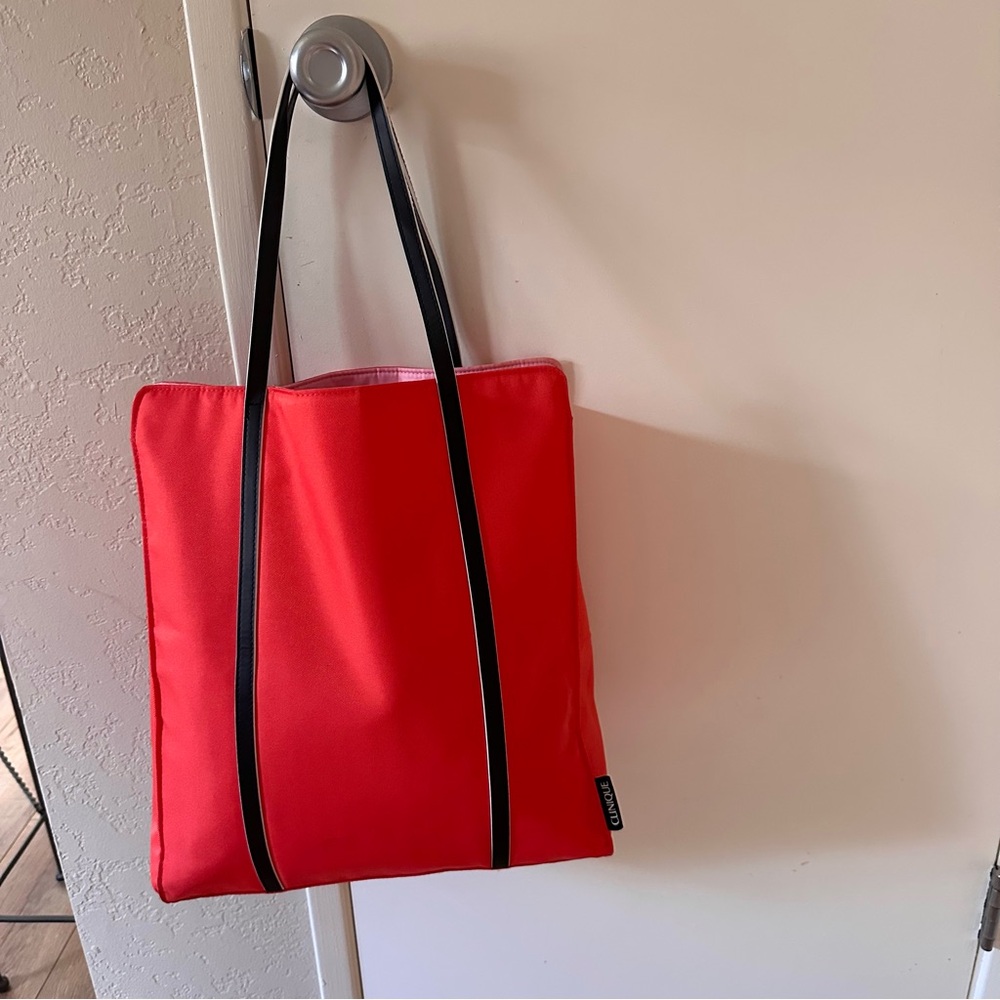 Clinique Red Tote Bag with Black Straps